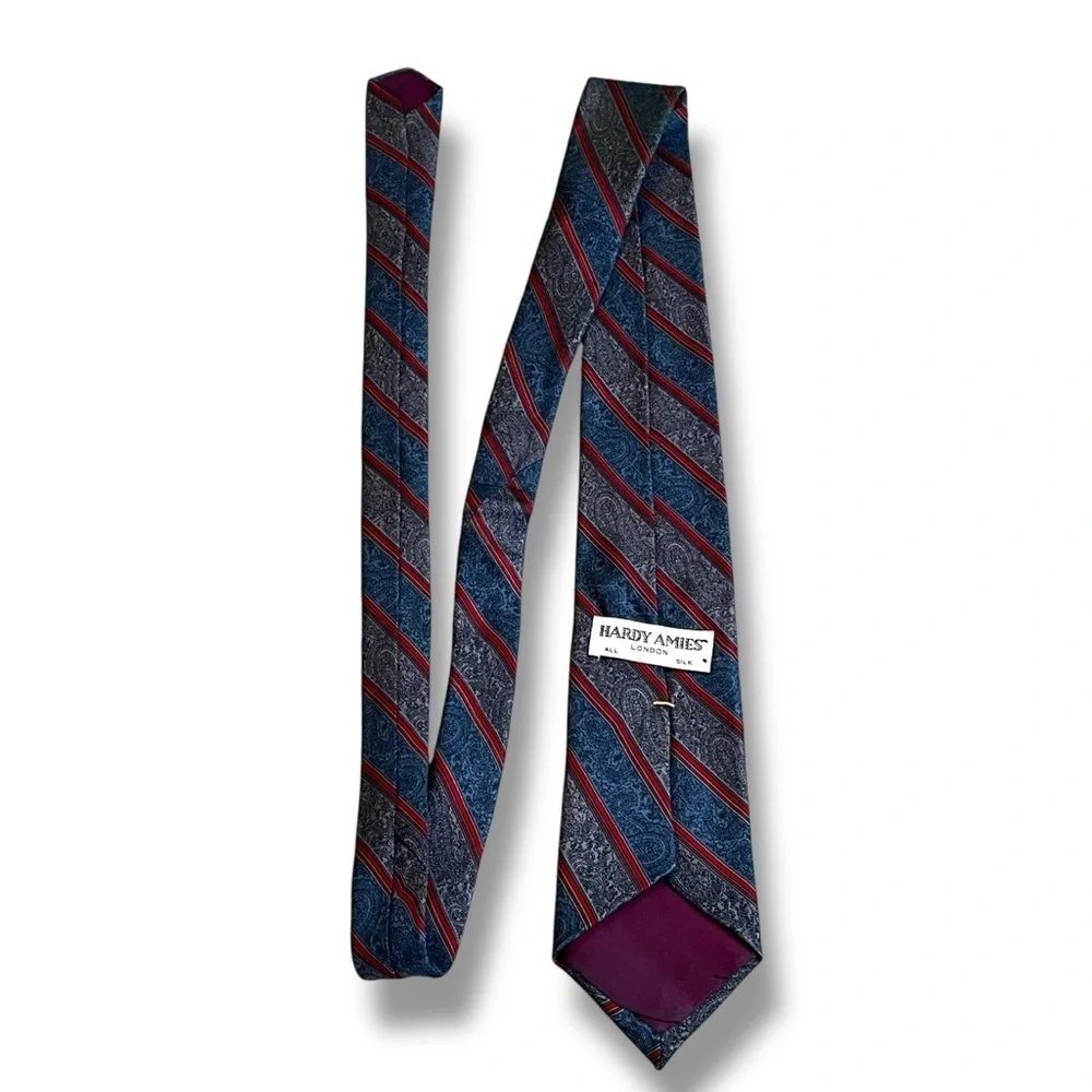 Vintage Hardy Amies London 100% Silk Neck Tie Blue Paisley Red Stripe Preppy